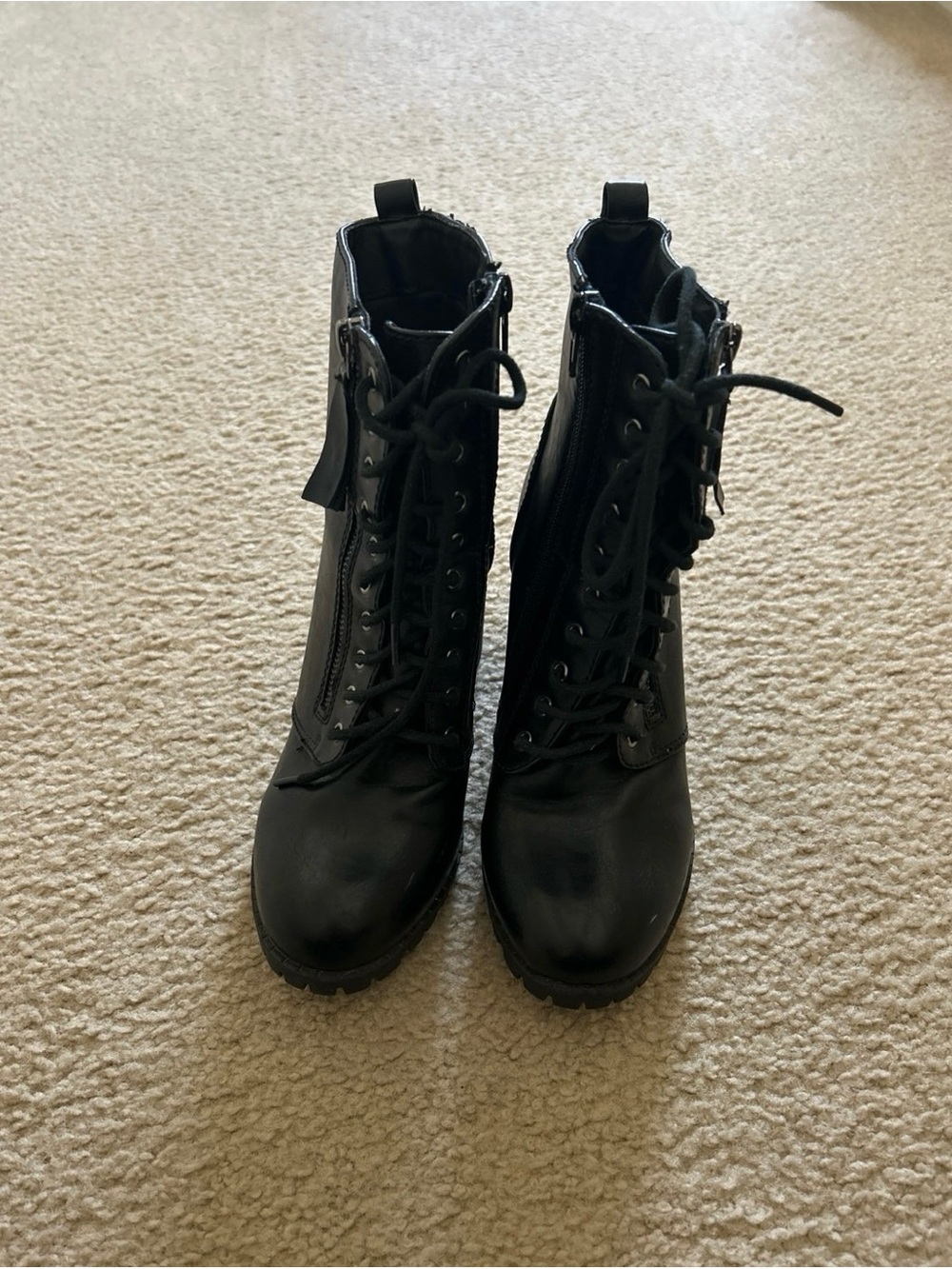 Soda Black Lace-Up Heeled Combat Boots